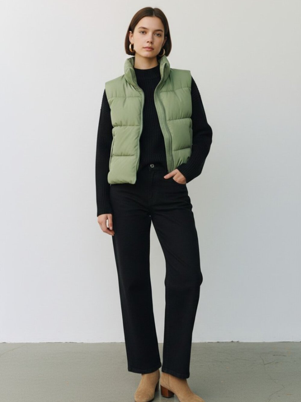 Entro NWT Cropped Puffer Vest Sage Green Zip Front Lightweight L